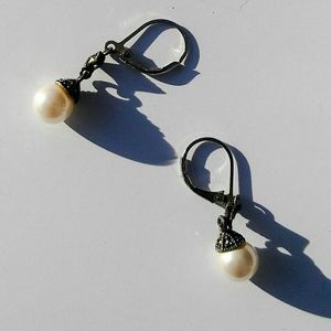 Pearl Sterling Silver Marcasite Drop Earrings